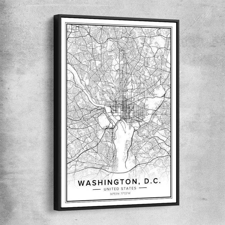 Washington City black framed canvas is a high quality print in our city skyline, travel prints and maps collection