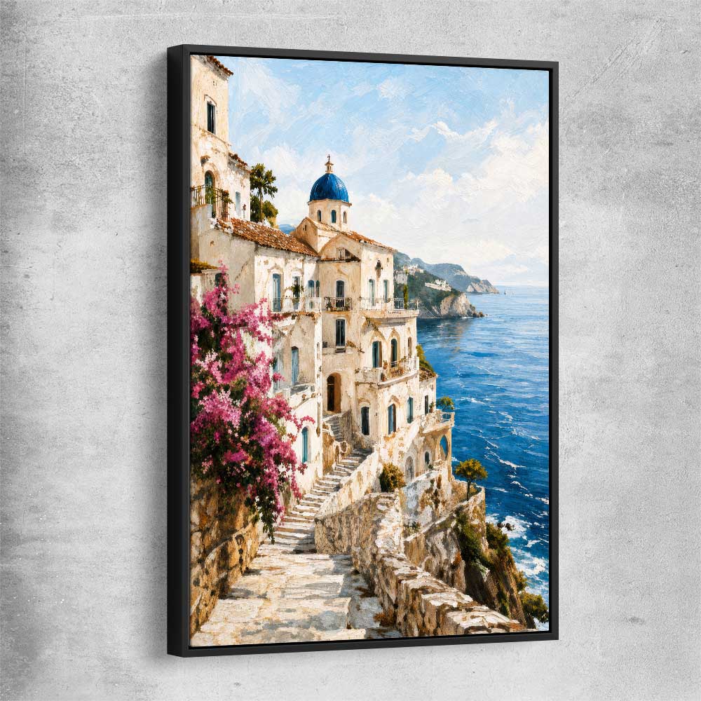 Amalfi Morning black framed canvas is a high quality print in our city skyline, travel prints and maps collection