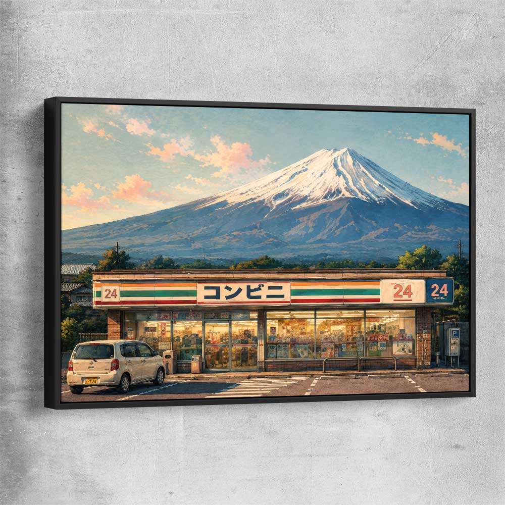 Fuji Konbini Nights black framed canvas is a high quality print in our city skyline, travel prints and maps collection