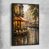 Rainy Paris Cafe black framed canvas is a high quality print in our city skyline, travel prints and maps collection
