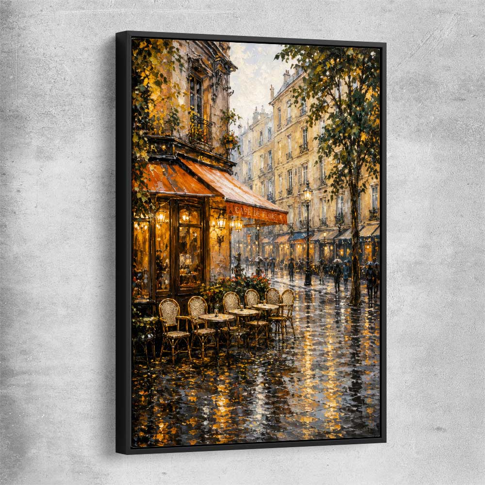 Rainy Paris Cafe black framed canvas is a high quality print in our city skyline, travel prints and maps collection