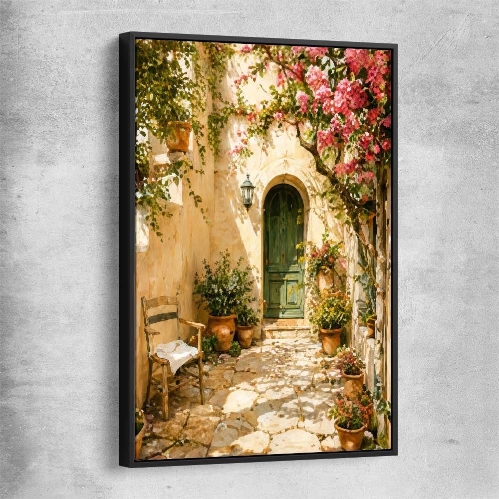 Sunlit Courtyard black framed canvas is a high quality print in our city skyline, travel prints and maps collection