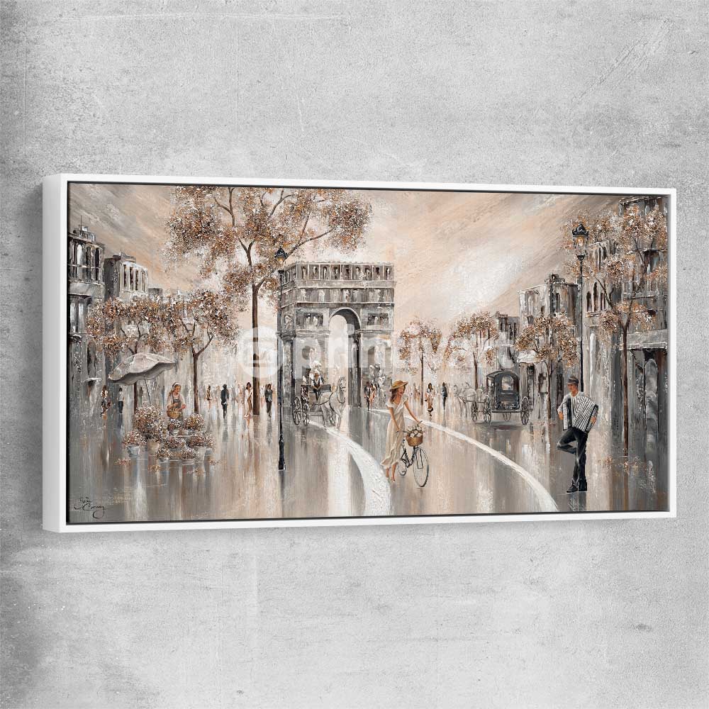 Golden Glimpse, Paris white framed canvas - part of our high quality canvas abstract wall art collection