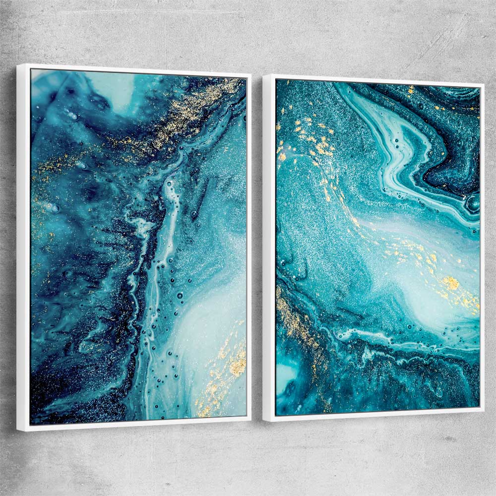 Turquoise Ocean Pair white framed canvas - part of our high quality canvas abstract wall art collection