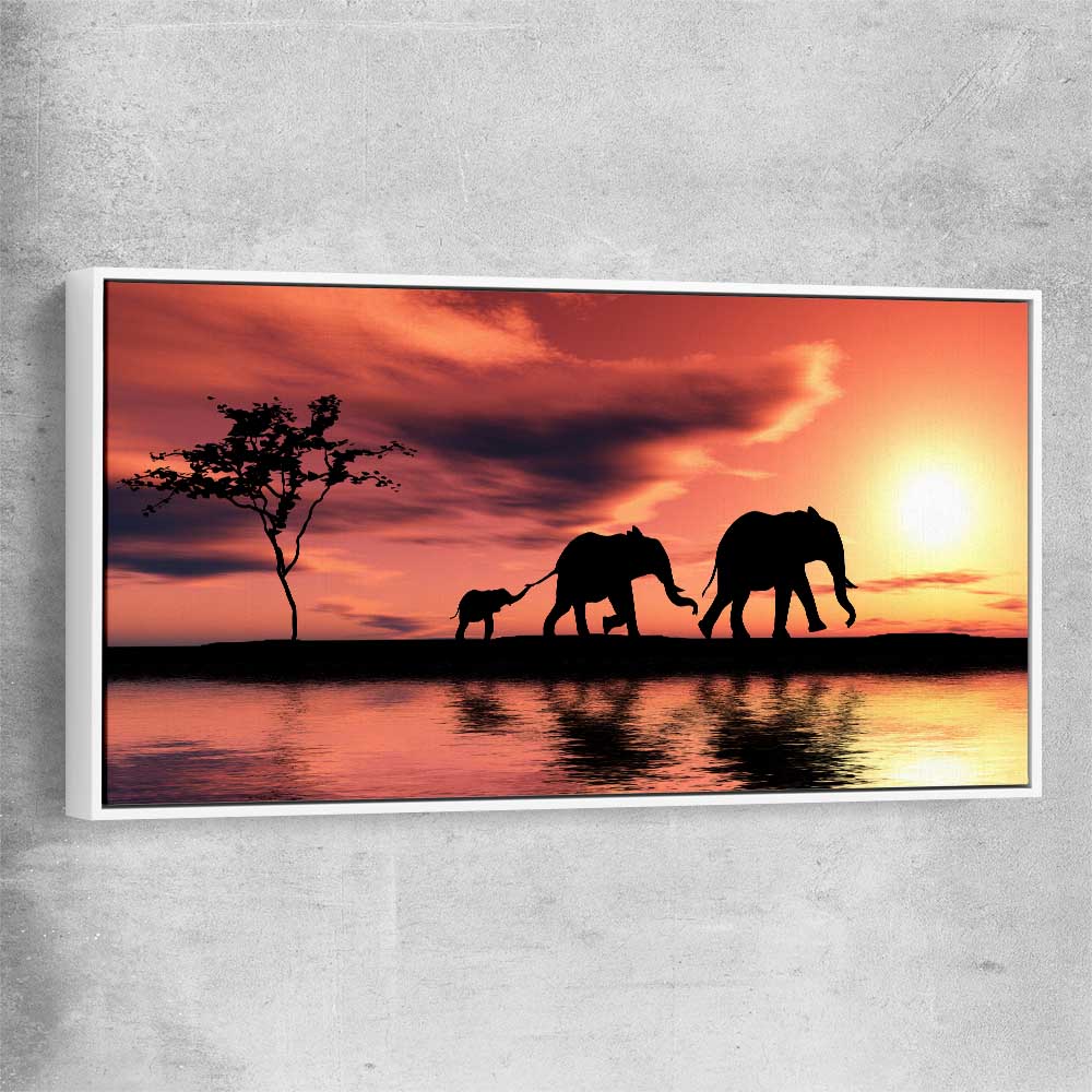 Animal wall art and canvas prints of Elephant Family Dawn with white framed canvas