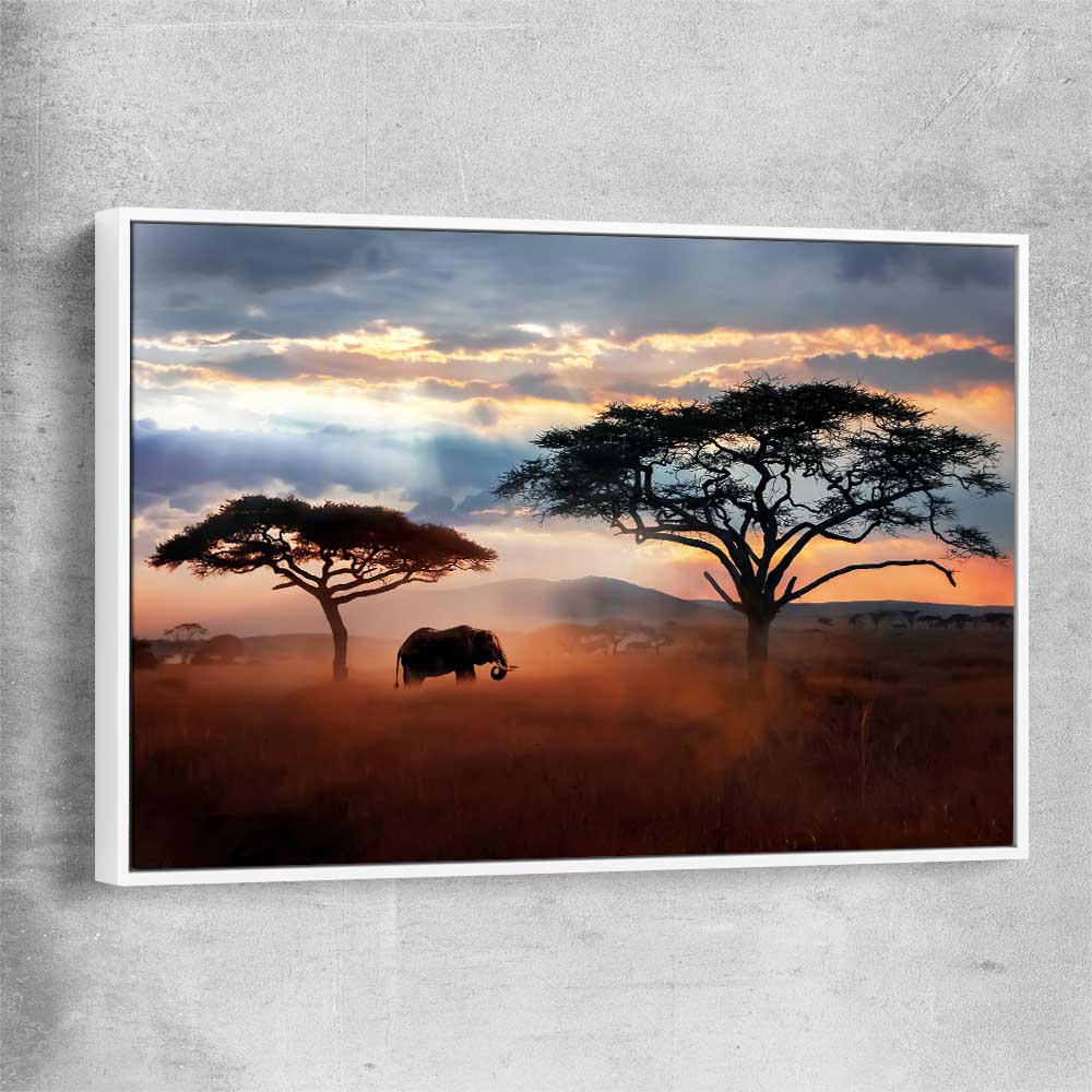Animal wall art and canvas prints of Golden Savannah Journey with white framed canvas