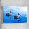 Animal wall art and canvas prints of Pelican Blue Waters with white framed canvas