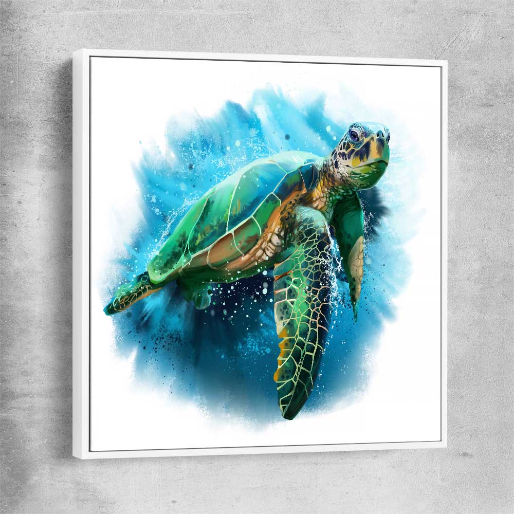 Animal wall art and canvas prints of Watercolour Sea Turtle with white framed canvas