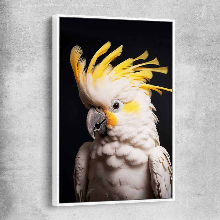 Animal wall art and canvas prints of Yellow Cockatoo Two with white framed canvas