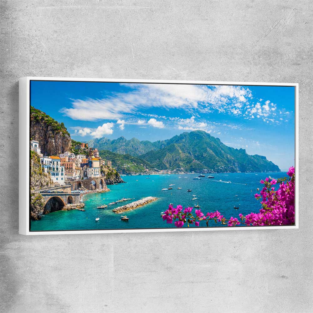Beach and coastal wall art print of Amalfi Coast Escape with white framed canvas