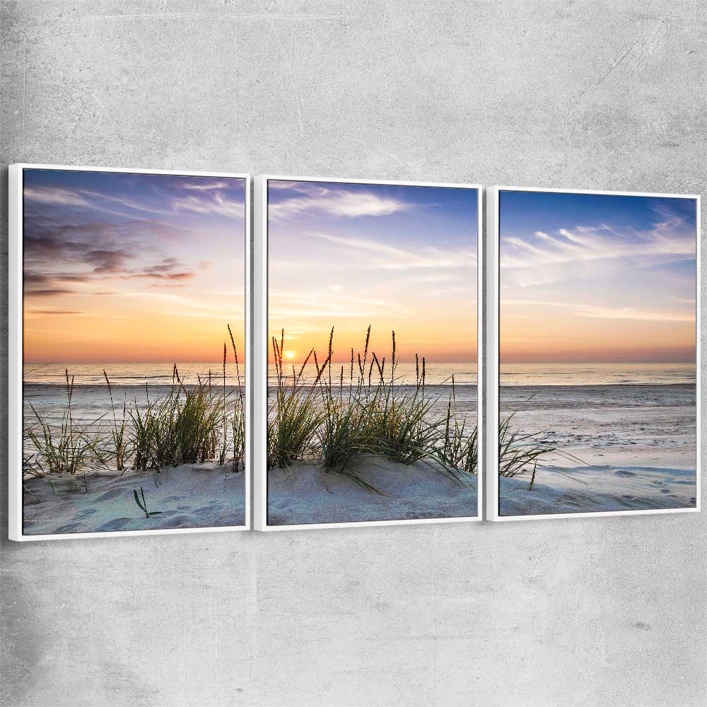 Beach and coastal wall art print of Calming Sunset Set with white framed canvas