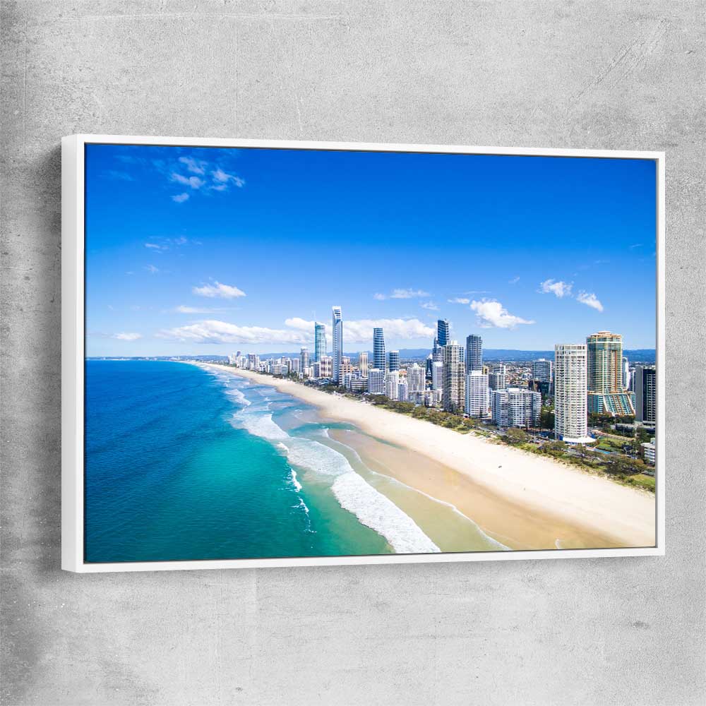 Beach and coastal wall art print of Coastal Skyline View with white framed canvas