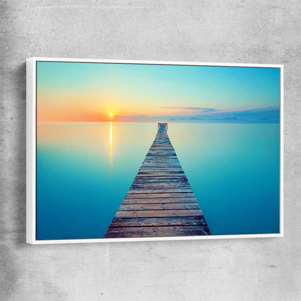 Beach and coastal wall art print of Endless Ocean Pier with white framed canvas