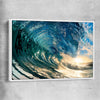 Beach and coastal wall art print of Golden Barrel Wave with white framed canvas