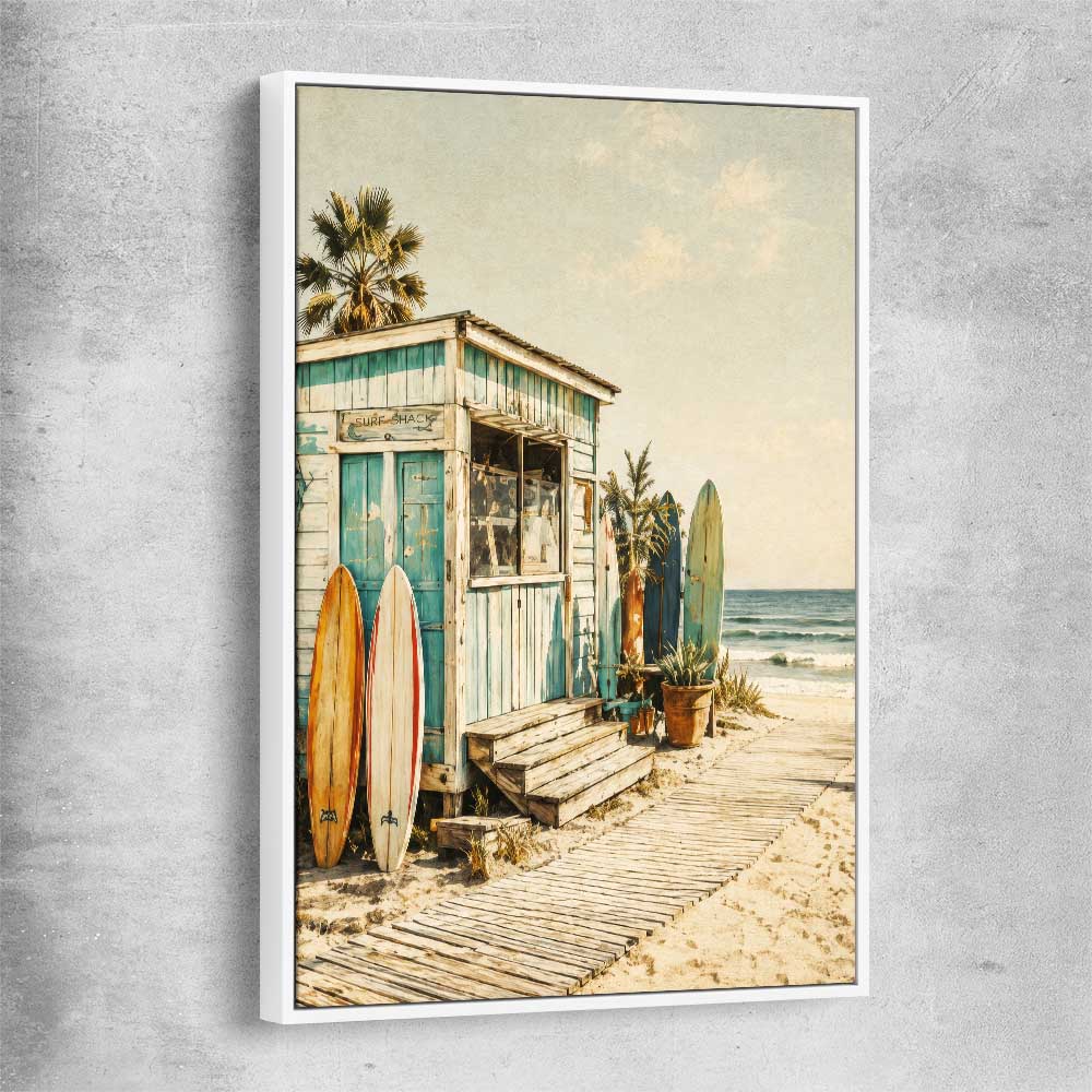 Beach and coastal wall art print of Seaside Surf Shack with white framed canvas