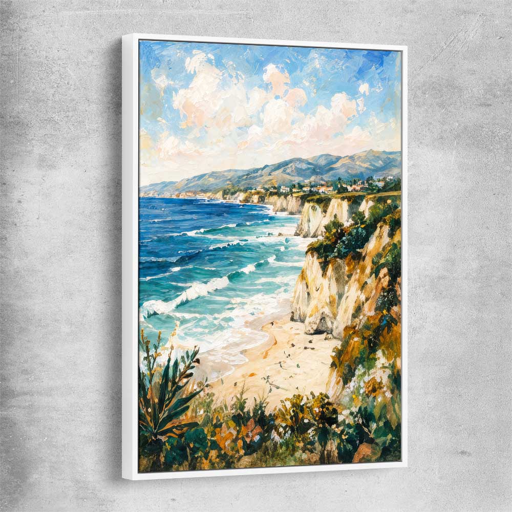 Beach and coastal wall art print of Shoreline Light Strokes with white framed canvas