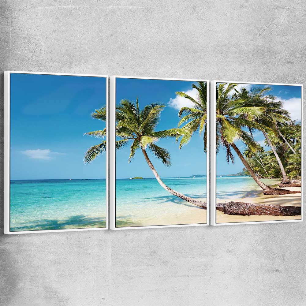 Beach and coastal wall art print of Tropical Paradise Set with white framed canvas