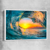 Beach and coastal wall art print of Wave Sunset Tunnel with white framed canvas