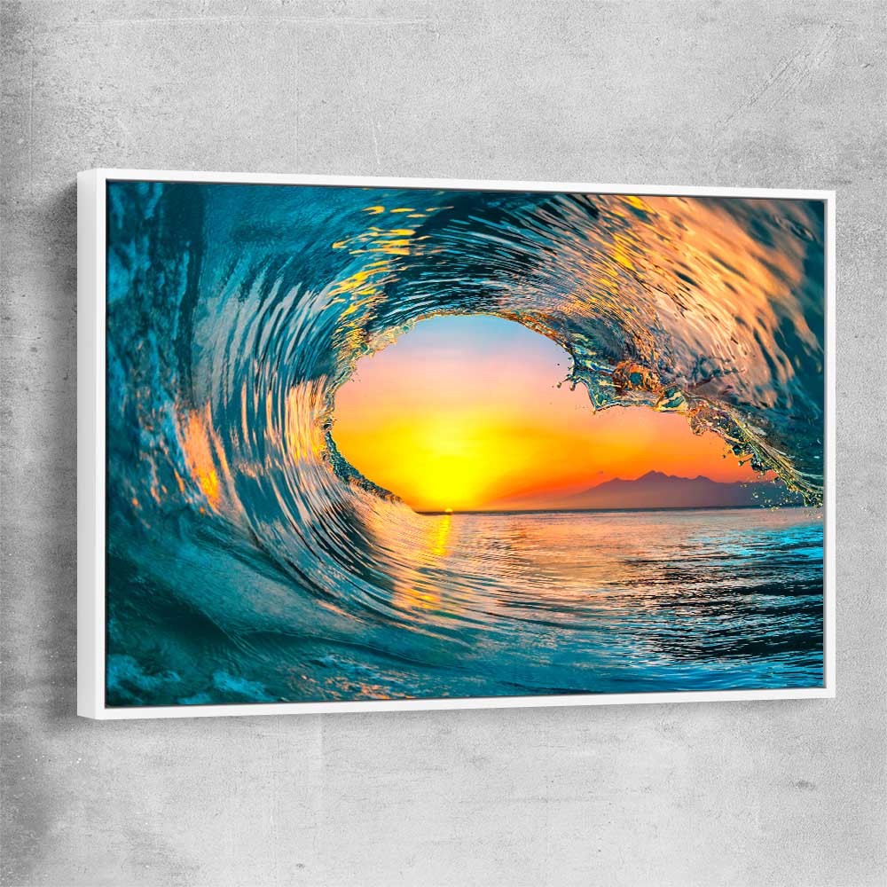 Beach and coastal wall art print of Wave Sunset Tunnel with white framed canvas