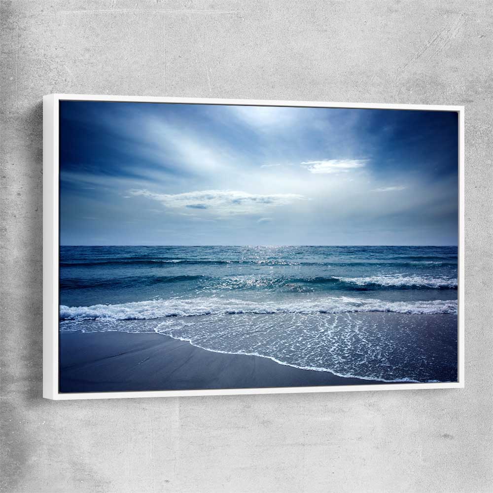 Beach and coastal wall art print of Beach Solitude with white framed canvas