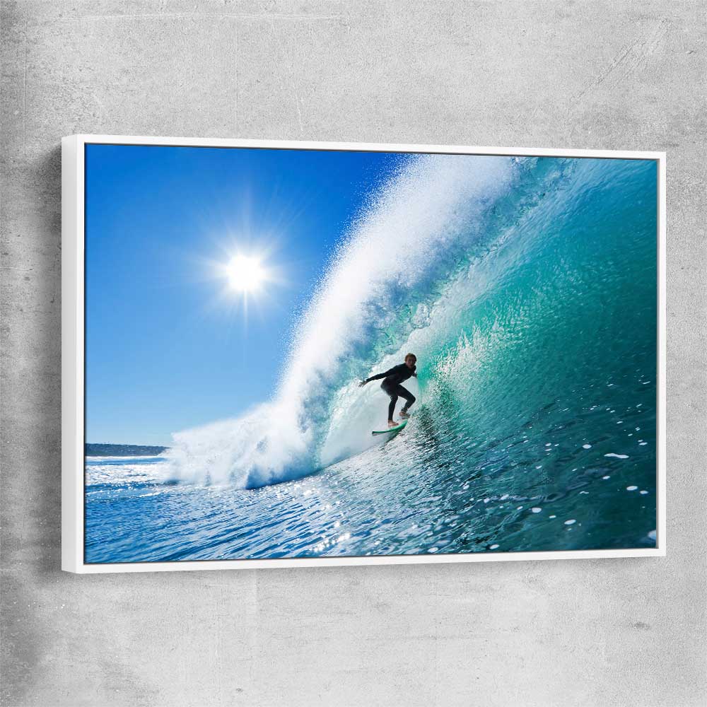 Beach and coastal wall art print of Blue Ocean Surfer with white framed canvas