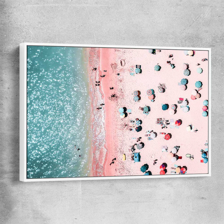 Beach and coastal wall art print of Bondi Pink Aerial with white framed canvas