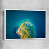 Beach and coastal wall art print of Bradleys Head Aerial with white framed canvas