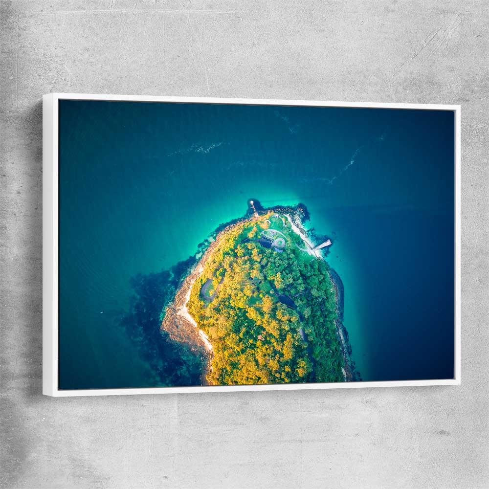 Beach and coastal wall art print of Bradleys Head Aerial with white framed canvas