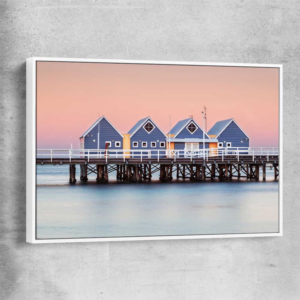 Beach and coastal wall art print of Busselton Jetty with white framed canvas