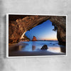Beach and coastal wall art print of Cathedral Cove New Zealand with white framed canvas