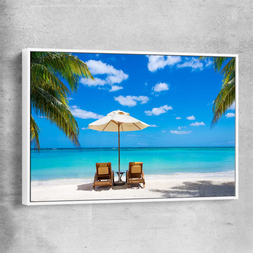 Beach and coastal wall art print of Coastal Retreat with white framed canvas