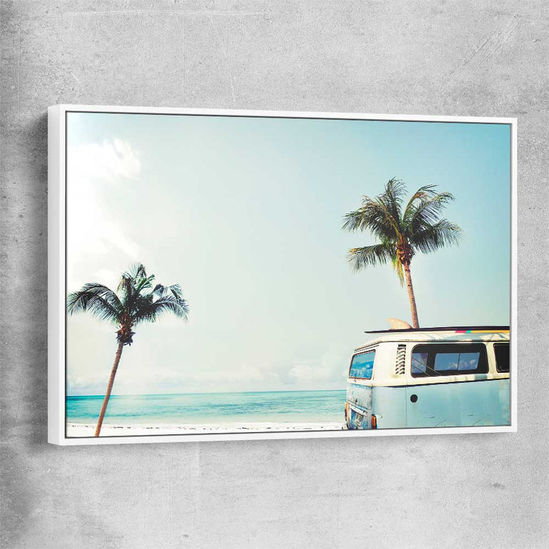 Beach and coastal wall art print of Combi Van Palms with white framed canvas