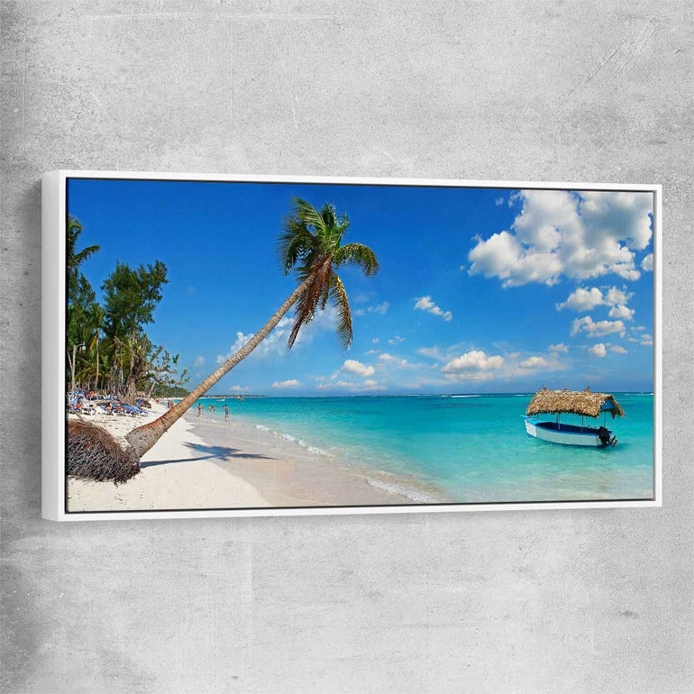 Beach and coastal wall art print of Dominican Republic Beach with white framed canvas
