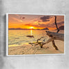 Beach and coastal wall art print of Driftwood at Sunset with white framed canvas
