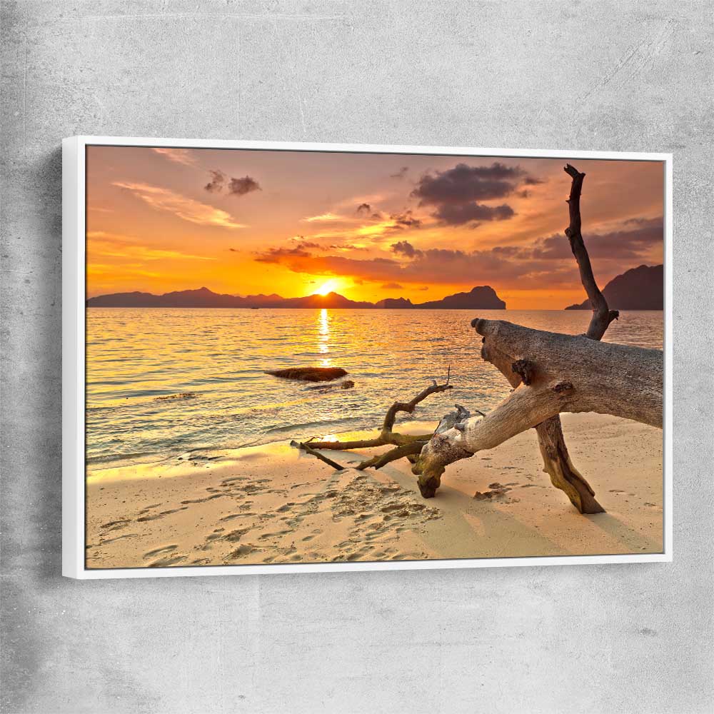 Beach and coastal wall art print of Driftwood at Sunset with white framed canvas