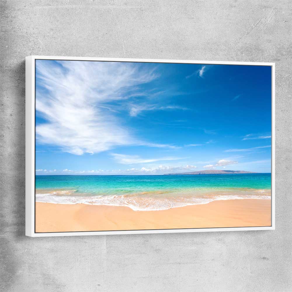 Beach and coastal wall art print of Endless Blue Horizon with white framed canvas