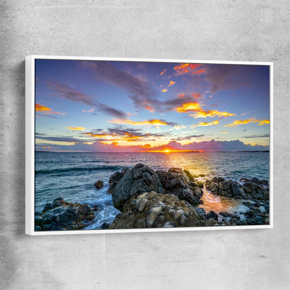 Beach and coastal wall art print of Golden Coast Horizon with white framed canvas