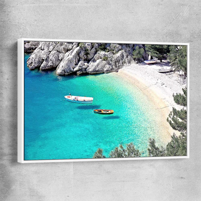 Beach and coastal wall art print of Hidden Beach with white framed canvas