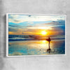 Beach and coastal wall art print of Last Surf at Sunset with white framed canvas