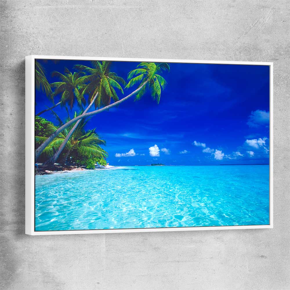 Beach and coastal wall art print of Paradise Shore with white framed canvas