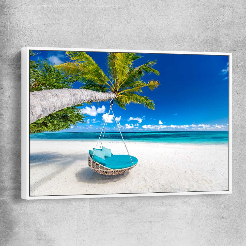 Beach and coastal wall art print of Paradise Swing with white framed canvas