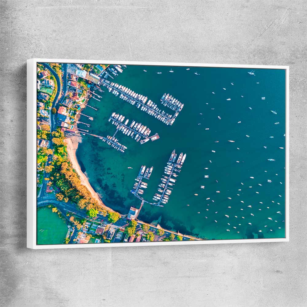 Beach and coastal wall art print of Point Piper Piers with white framed canvas