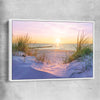 Beach and coastal wall art print of Pristine Beach Sunset with white framed canvas