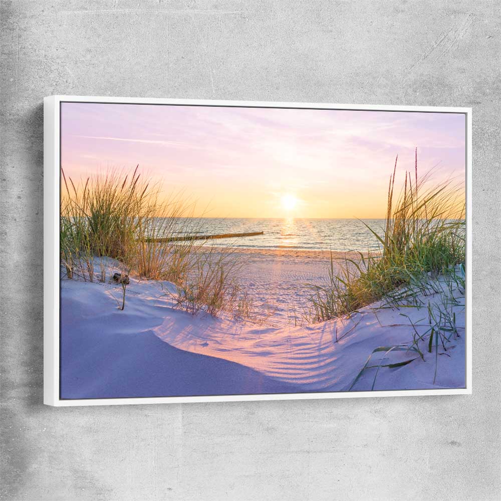 Beach and coastal wall art print of Pristine Beach Sunset with white framed canvas