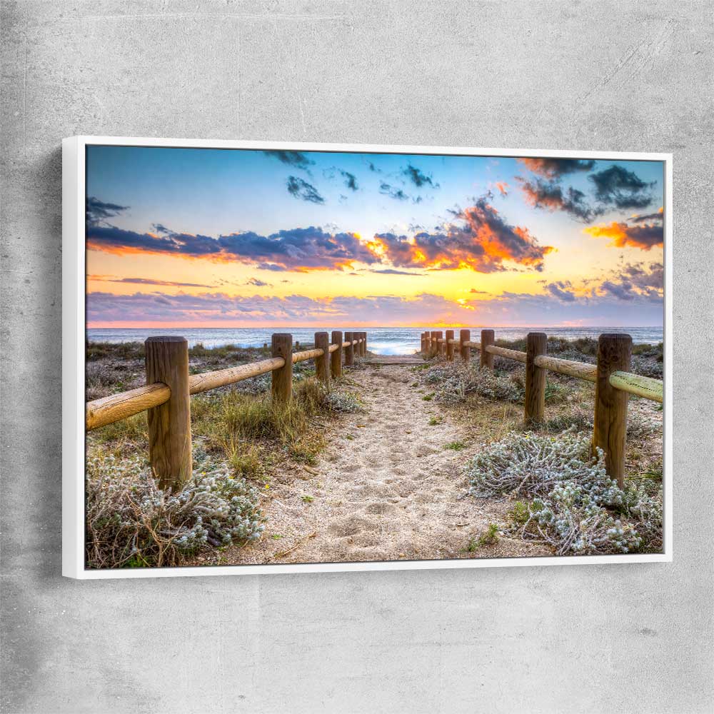 Beach and coastal wall art print of Quiet Sunset Walk with white framed canvas