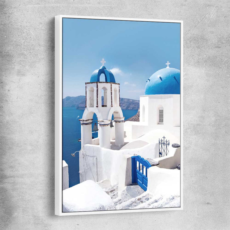Beach and coastal wall art print of Santorini Dreaming with white framed canvas