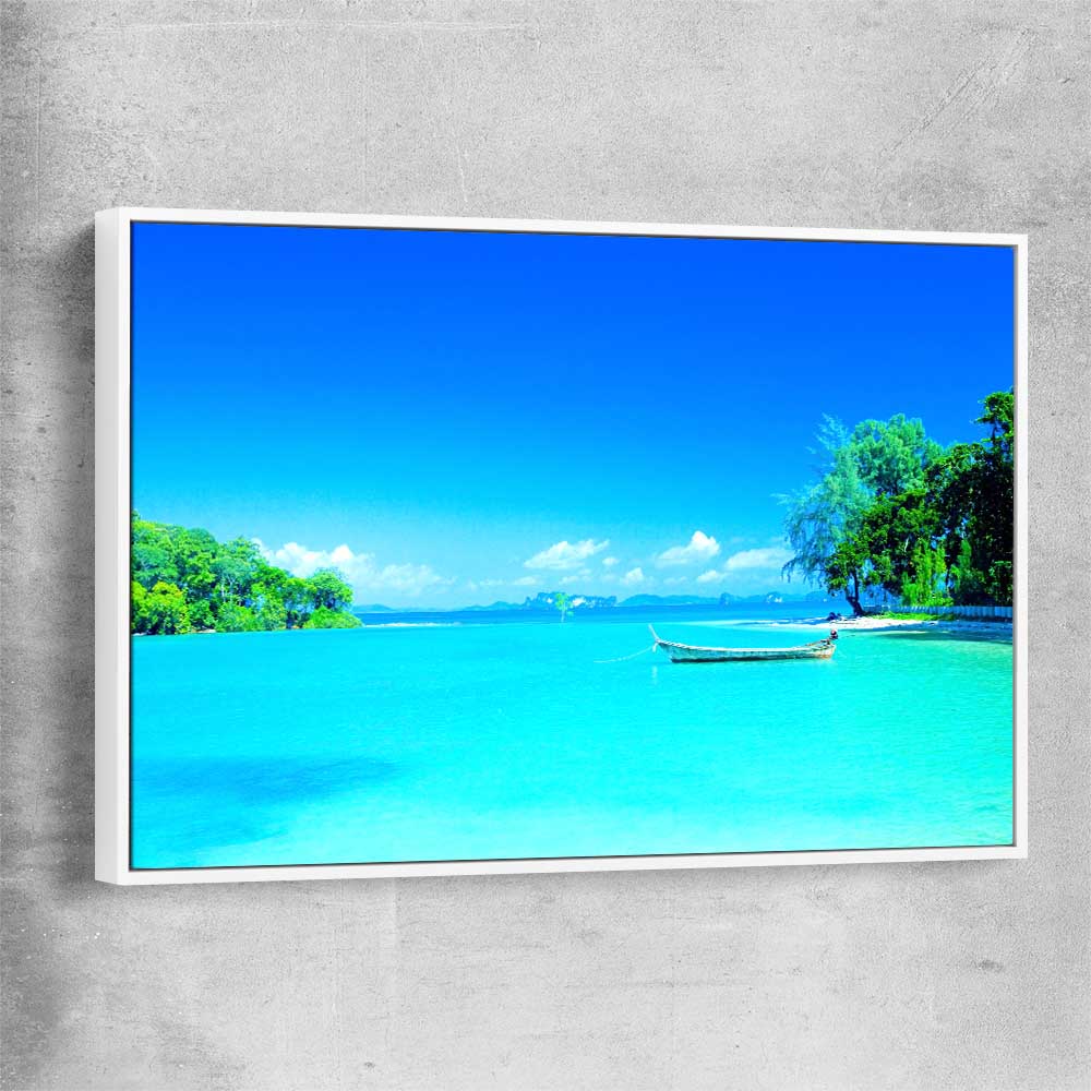 Beach and coastal wall art print of Serene Island Waters with white framed canvas