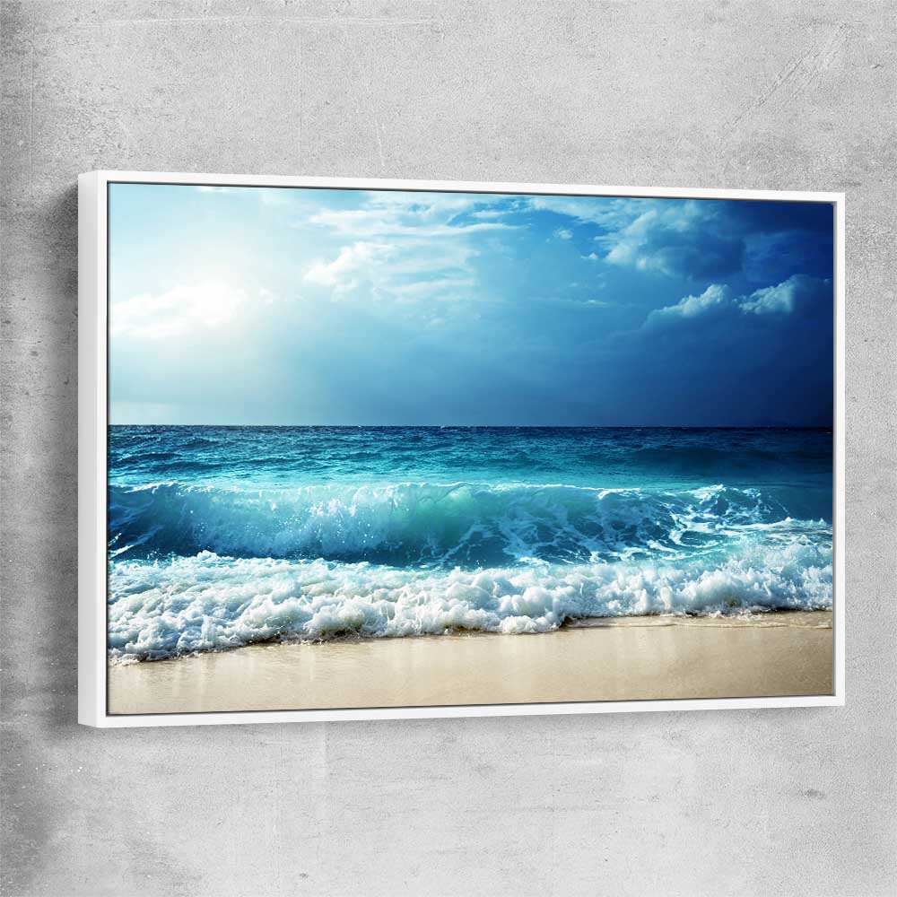 Beach and coastal wall art print of Seychelles Beach Waves with white framed canvas