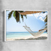 Beach and coastal wall art print of Seychelles Hammock with white framed canvas