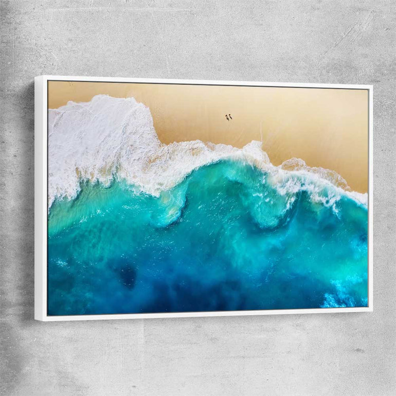 Beach and coastal wall art print of Summer Waves with white framed canvas